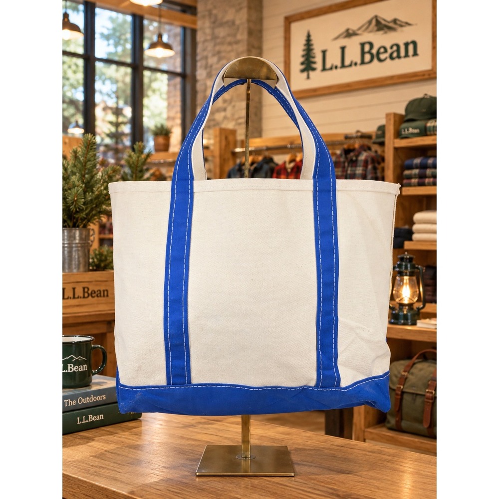 LL Bean Boat and Tote Canvas Bag Blue Cream Medium Made in USA 112636